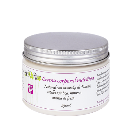 Crema nutritiva corporal de carite con aroma de fresa.